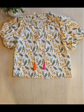 THML White Floral Top with Yellow Accents